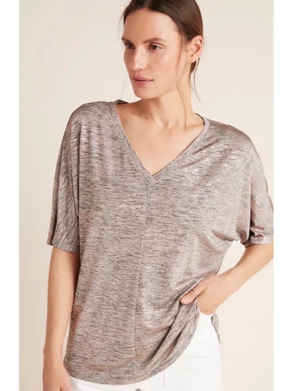 Anthropologie Metallic Oversized V Neck Short Sleeve Shirt